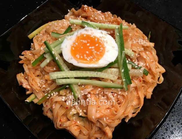 Korean cold spicy noodles with kimchi